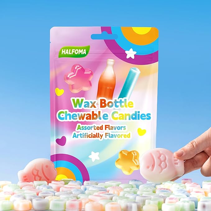 Halfoma Chewy Wax Bottle Candy with 2 Giant Fish - 20-Piece Assorted Fruit Flavors Chew Treats for Kids, Party Favors, Classroom Supplies,6.3oz
