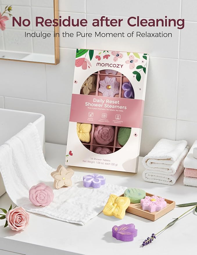 Momcozy Shower Steamers 14 Pack-7 Unique Shapes & Floral Scents, Long Lasting Fragrance, Gentle Formula, Perfect Travel & Gift Idea for Home Spa Relaxation