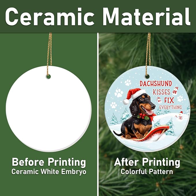34HD Dachshund Skiing Gifts for Christmas, Dachshund Kisses Fix Everything Christmas Ornament for Tree 2025 Ceramic 2-Side Printed, Dog Lover Gifts for Men Women