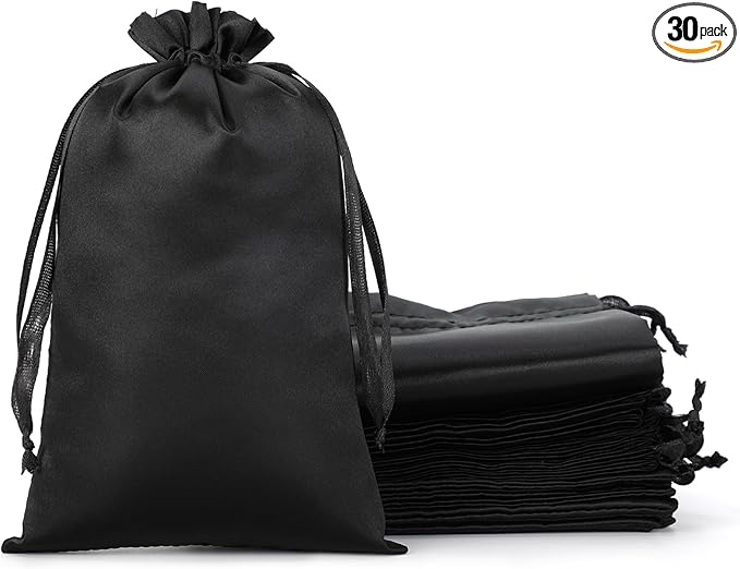 Black Gift Bags, 30Pcs 5x8 Satin Bags with Drawstring, For Kids Classroom, Wedding, Birthday, Halloween Party, Baby Shower, Rubics Cube, Candy, Dice, Coin, for Small Business