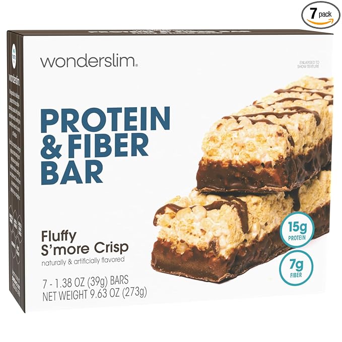 Wonderslim High Fiber Protein Bars, Fluffy S'more Crisp | 15g Protein, 8g Fiber | Low Sugar, Low Carb | Healthy Indulgence | Satisfying, Supports Energy & On-the-Go Convenience, 7 Pack
