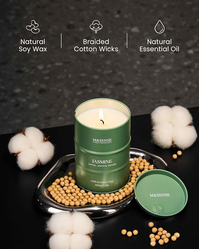 M&SENSE Jasmine Scented Candles Natural Non Toxic, Aromatherapy Candle for Stress Relief Meditation Relaxing, Housewarming Gifts for Women Men, 11.3oz 70 Hour Long Burning