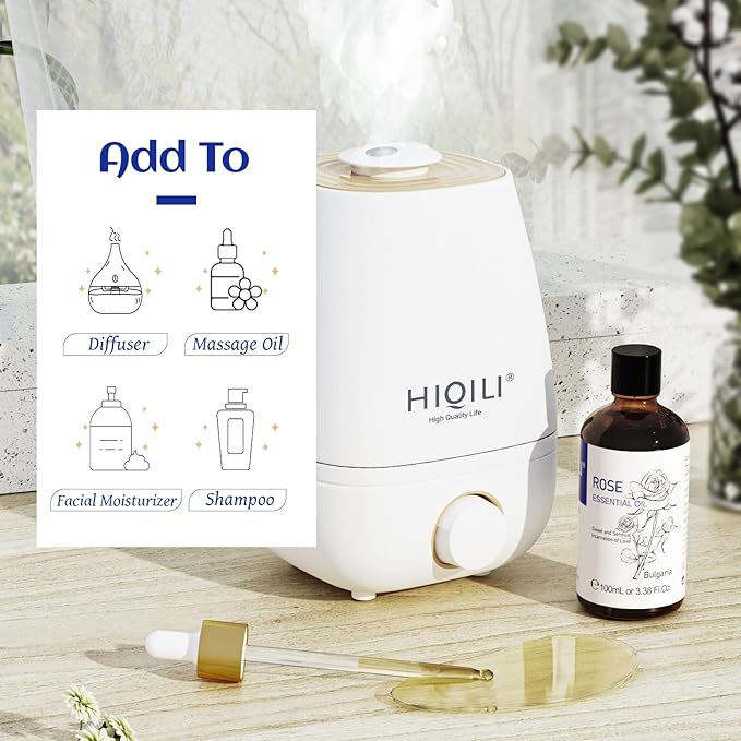 HIQILI 100ML Rose Essential Oil for Skin, Diffuser & Candle, 100% Pure and Natural - 3.38 Fl Oz