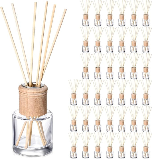Roshtia 40 Set Reed Diffuser Bottle Empty Refillable Fragrance Glass Diffuser Bottles Set with Wooden Caps Rattan Sticks 50ml 1.7 oz Round Glass Jars for DIY Fragrance