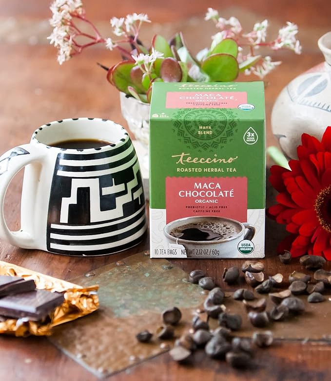 Teeccino Maca Chocolaté Herbal Tea - Rich & Roasted Herbal Tea That’s Caffeine Free & Prebiotic with Natural Energy from Adaptogenic Peruvian Maca, 10 Tea Bags