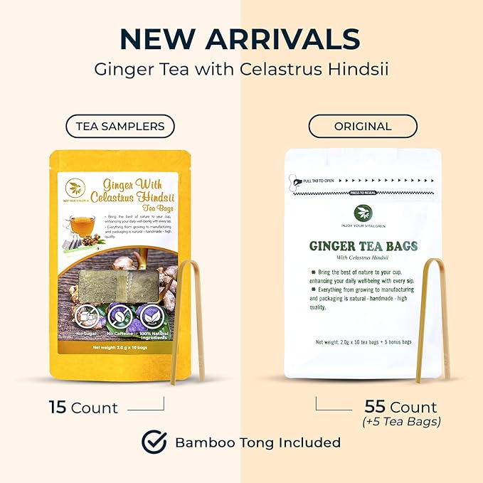 Pure Ginger Tea Samplers with Celastrus Hindsii - 10 Count, Mini Tea Bags, Bamboo Tong Included, Re-Steep Herbal Tea Blend, Corn Based Bags, No Sugar Added, Natural Ginger Tea