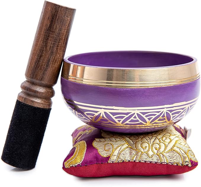 Tibetan Singing Bowl Set - Authentic Handcrafted Mindfulness Meditation Holistic Sound 7 Chakra Healing Gift by Himalayan Bazaar (Purple-Magenta)