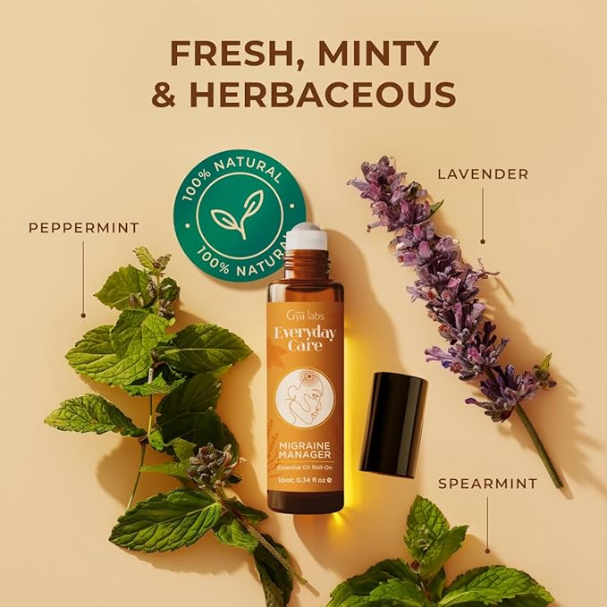 Gya Labs Migraine Manager Essential Oil Roll On - 0.34 Fl Oz - Travel Size Roller for Camping, Skin, Aromatherapy Relief, Convenience