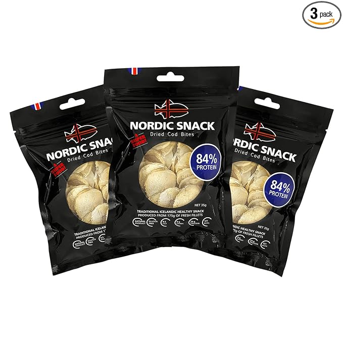 Nordic Catch Freeze Dried Cod Bites Seafood Snacks - Chips made from Wild Caught Icelandic Cod Fish - Healthy Snack, Rich in Omega 3 Fatty Acids, Protein Packed Fish Jerky for Humans, Keto Friendly Dry Fish - 35g Resealable Bag - 3 Pack