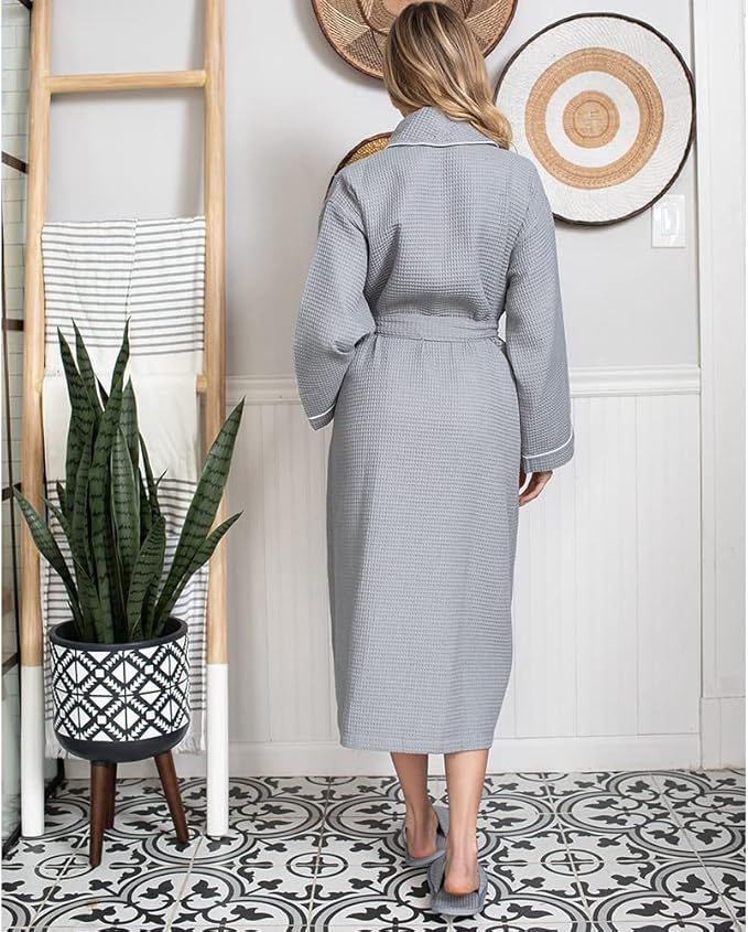 Lotus Linen Waffle Robes for Women - Lightweight Cotton Kimono Bathrobe - Long Soft Spa Bath Robe
