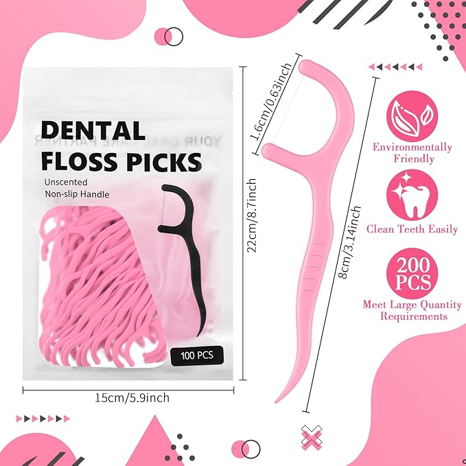 Baderke 200 Count Floss Picks Bulk Non Breakable Tooth Picks Flosser Dental Floss Sticks for Adults Teeth Cleaning Dental Flossers for Family Pack Travel(Pink)
