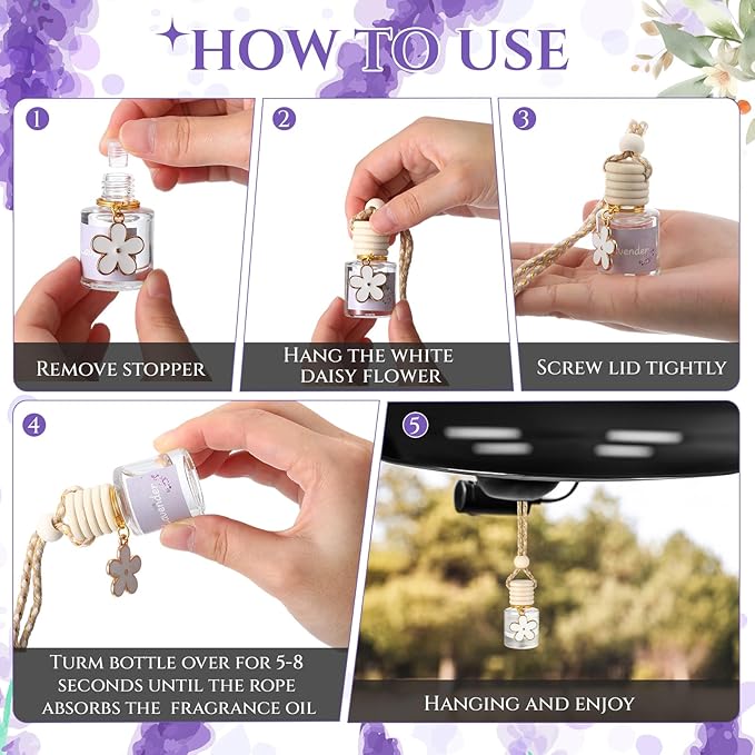 2 Sets Hanging Car Air Freshener and Essential Oil Diffuser, Car Air Freshener Daisy Essential Oil Diffuser Long Lasting Automobile Aromatherapy(White,Lavender)