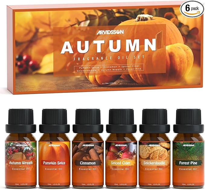 Autumn Fragrance Oil Set, ARVIDSSON Fall Essential Oils for Diffuser and Candle Making, Pumpkin Spice, Cinnamon, Spiced Cider, Snickerdoodle, Autumn Wreath, Pine, Cozy Scented Oils