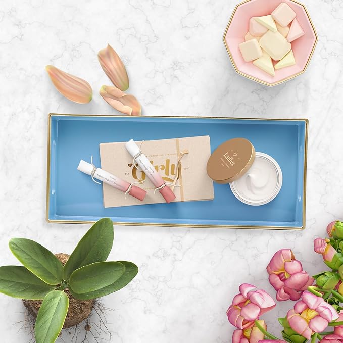 Blue Bathroom Vanity Tray for Countertop, Small Plastic Toilet Tank Versatile Storage & Organization Tray for Makeup, Perfume, Desk, Kitchen, Candles, 13.7"x6"x1.4", 35BL