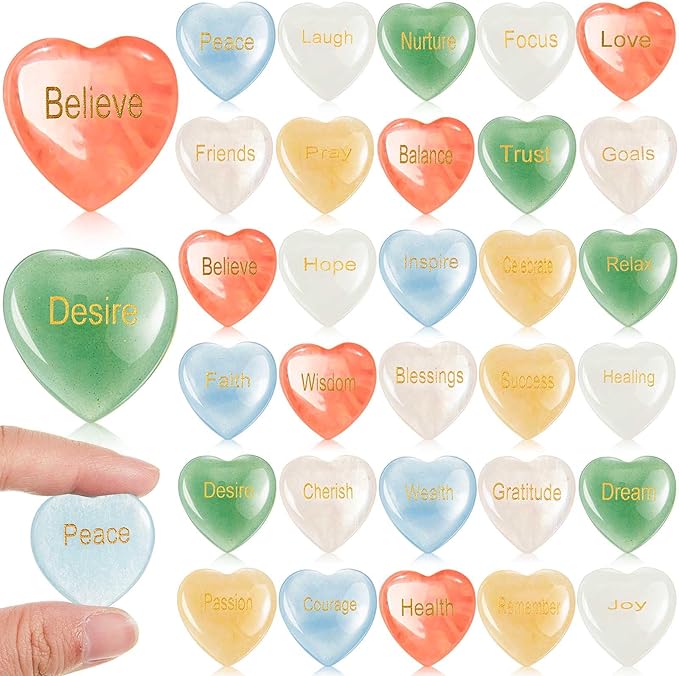 Fabbay 30 Pcs Heart Inspirational Stones, Good Gifts for Encouragement Heart Stones with 30 Different Words, Engraved Worry Rocks Bulk As Meditation Decorations, Party Gifts for Friends (1.2 Inch)