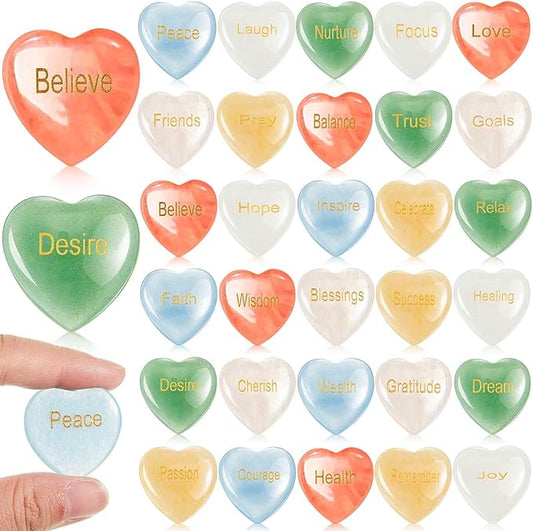 Fabbay 30 Pcs Heart Inspirational Stones, Good Gifts for Encouragement Heart Stones with 30 Different Words, Engraved Worry Rocks Bulk As Meditation Decorations, Party Gifts for Friends (1.2 Inch)