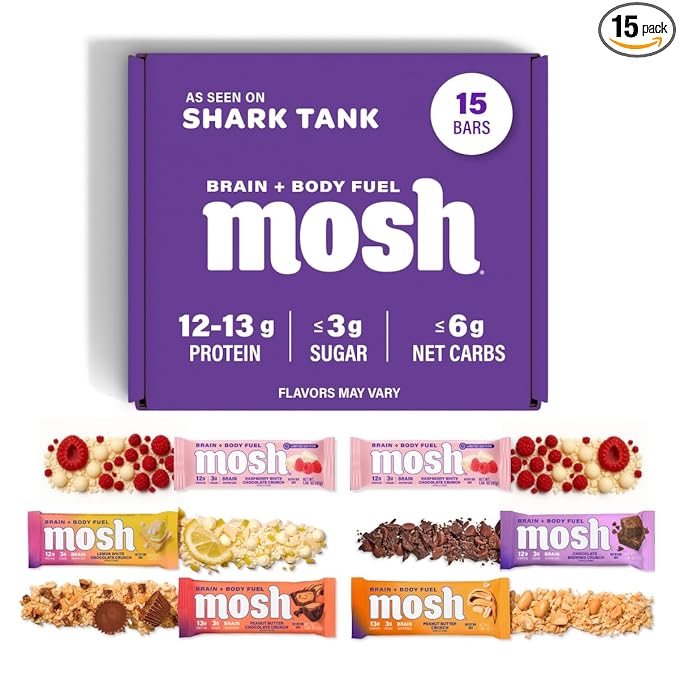 MOSH Variety Pack Keto Protein Bars, High Fiber, Low Carb, Gluten Free, High Protein, Brain Healthy Snack with Ashwagandha, Lion's Mane, 15 Count