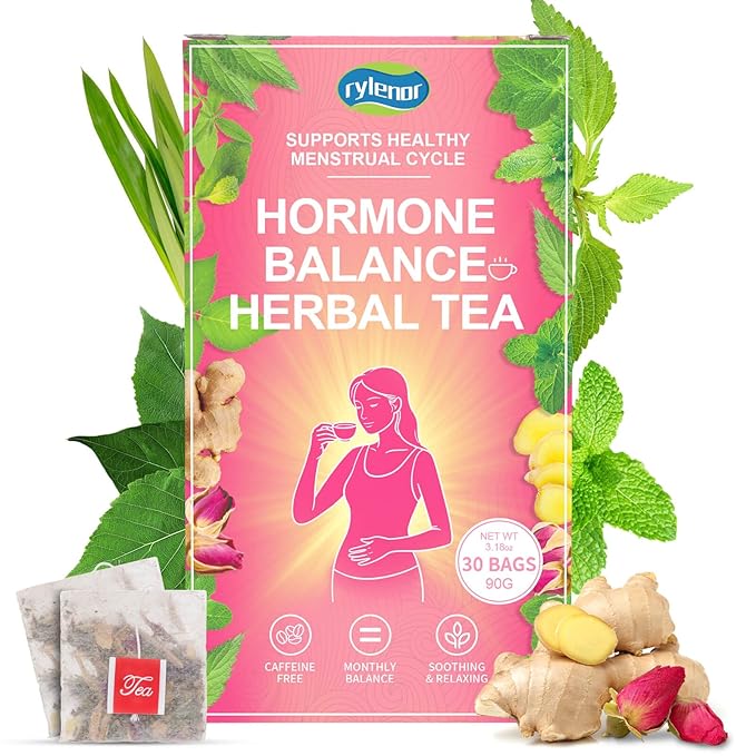 Hormone Balance Herbal Tea for Women – with Peppermint, Lemongrass, Ginger, Rose, Raspberry Leaf & Nettle for PMS & PCOS – Female Hormone Loose Leaf Tea, Caffeine-Free, Sugar-Free 30 Bags