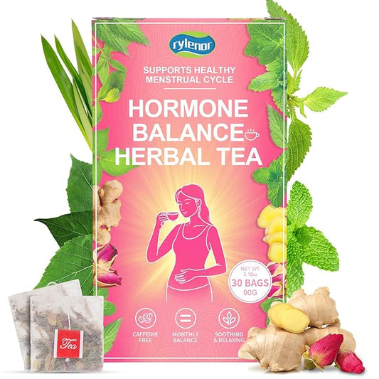 Hormone Balance Herbal Tea for Women – with Peppermint, Lemongrass, Ginger, Rose, Raspberry Leaf & Nettle for PMS & PCOS – Female Hormone Loose Leaf Tea, Caffeine-Free, Sugar-Free 30 Bags