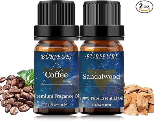 BURIBURI Sandalwood Oil Essential Oil and Coffee Essential Oil 10ml, 100% Pure Coffee Fragrance Oil for Diffuser, Massage