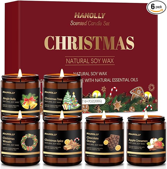 Christmas Scented Candles Set, 6 Pack Winter Scented Candles for Home, Holiday Gifts for Women & Men, Soy Candles Scents of Christmas Tree, Spice, Wreath, Apple Cinnamon, Chocolate Orange, Jingle Bell