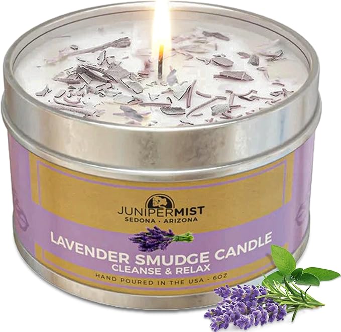 Lavender Sage Smudge Candle (6oz) Soothe & Reset - Pure Sage Energy Cleansing Candle for House Cleansing Negative Energy, Meditation – Spiritual for Protection & Intention –Soy Wax - USA Made