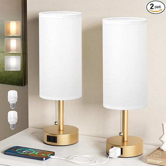 Fenmzee Gold Bedside Table Lamps Set of 2-3 Color Temperatures Pull Chain Lamp with AC Outlet Charging Port, Two Round Night Stand Lamps for Bedroom Office Living Room