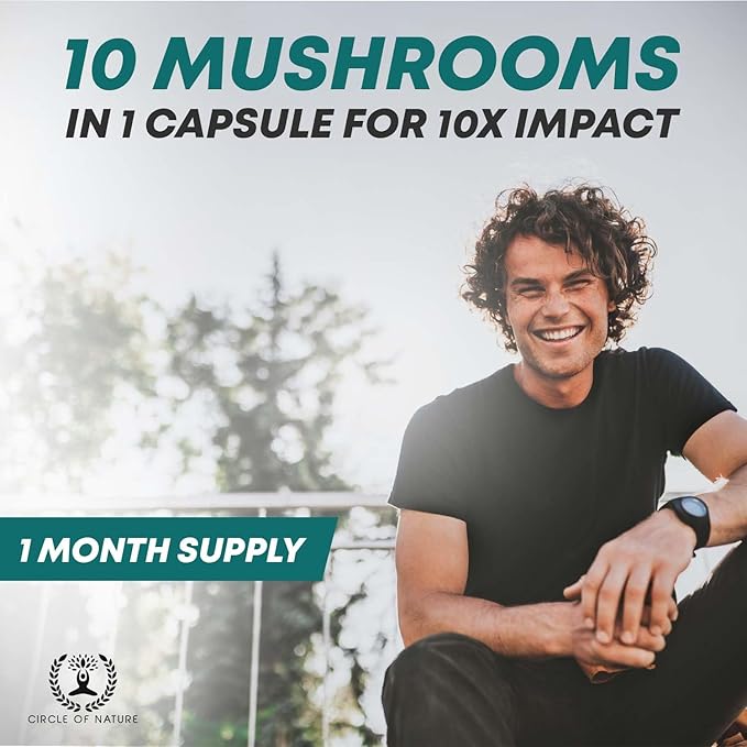 Brain Booster Mushroom Complex Supplement, Natural Mood Uplifter with 10 Function Mushrooms, Lions Mane, Reishi, Cordyceps and 7 More in Capsules 1330mg Made in USA, 60 Capsules