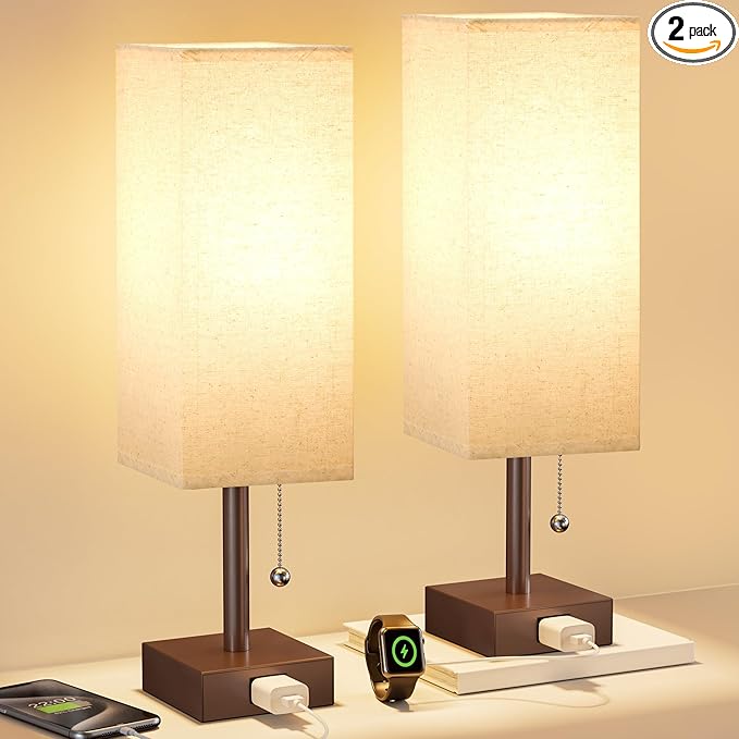 Bedside Lamps for Bedroom Set of 2 - Small Rectangular Nightstand Lamp with USB A C Charging Port, 3 Color Temperatures Desk Light with Bulb, Brown Tabletop Reading Lamp for Living Room/Dorm/Office