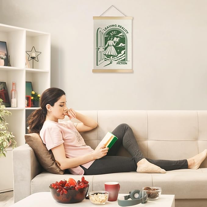 Exqcom Retro Green Funny Reading Wall Art Poster, Reading Nook Decor, Book Club Decorations, Leaving Reality Entering Fiction Humorous Posters for Book Nook Room Library Classroom, 12x16 Inches