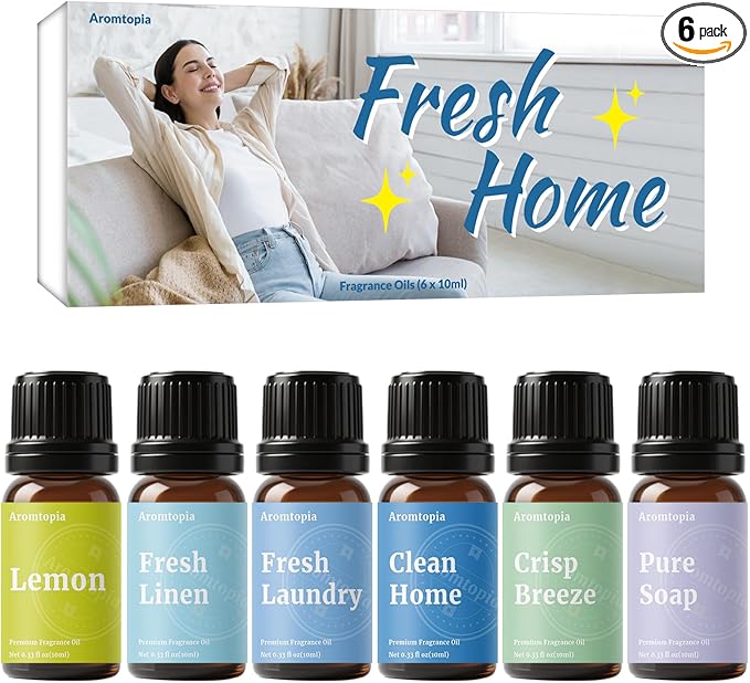 Diffuser Fragrance Oils, Aromtopia Essential Oils for Diffusers for Home, 6x10ml Fresh Home Set, Clean Scents for Candle Soap Making, Dryer Ball, Fresh Linen, Fresh Laundry, Crisp Breeze, Lemon