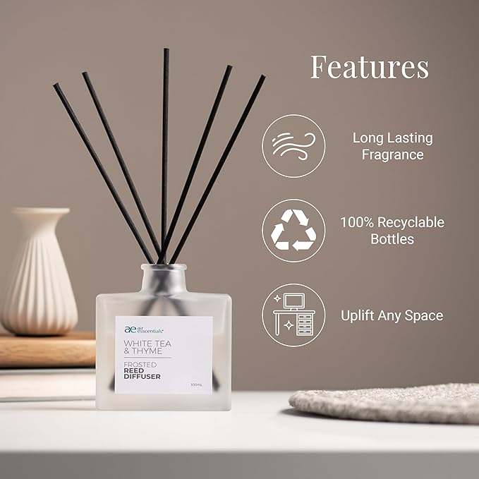 Air Esscentials Frosted White Tea & Thyme Reed Diffuser Set - Decorative Fragrance Diffuser & Oil for Bathroom & Home | Long-Lasting Aroma | Natural Scent Sticks | Essential Oils & Botanicals| 100mL