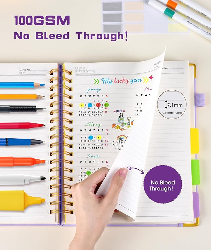 Hardcover Spiral Notebook journal with Removable Dividers Tabs, 300 Pages Leather 5 Subject Notebook College Ruled, 100GMS A5 Notebooks for Work School Note taking,Lined Journal for Women,A5 Purple