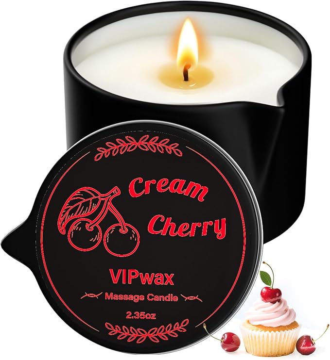 Soybean Wax Warming Massage Oil Candle for Stress Relief and Skin Moisturizing, Couples Massage, Romantic Gift SPA for Home Scented Candle Body Oil - Cream Cherry Scent 2.35 OZ