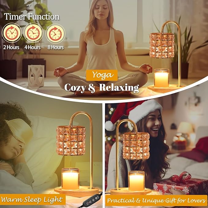 Candle Warmer Lamp, Adjustable Height Wax Warmer Lamp with 2 Bulbs Timer Dimmer, Candle Top Melting Compatible Jar Candles, Glass Candle Heater Lamp for Scented Wax, Gifts for Home Decor (Amber)