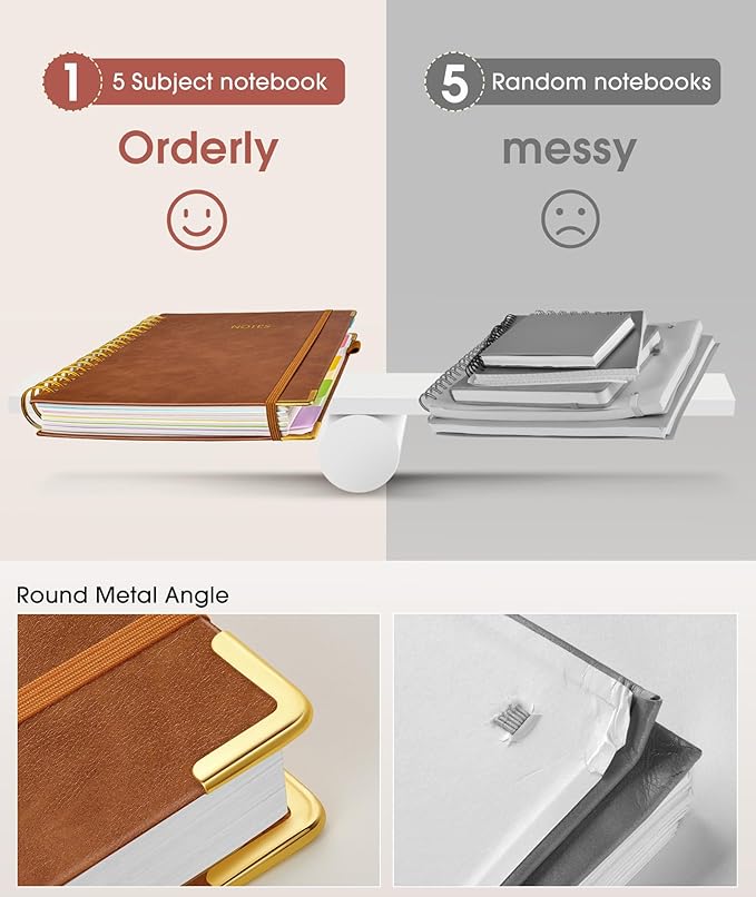 Hardcover Spiral Notebook Journal with Removable Dividers Tabs, 300 Pages Leather 5 Subject Notebook College Ruled, 8"x10" Large B5 Notebooks for Work School, Lined Journal for Men, Light Brown