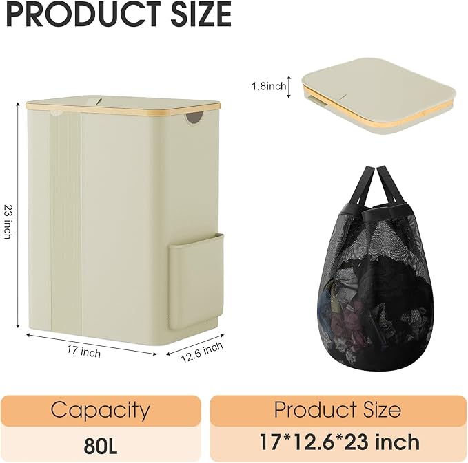 Laundry Basket Clothes Hamper with Lid and Pocket Large Collapsible Laundry Baskets with Handle, Freestanding Hampers for Bedroom Aesthetic, Dorm, Bathroom, Laundry Room (80L, Beige)