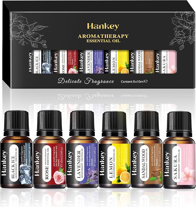 Essential Oils Set - Top 6 Blends for Diffusers, Home Care, Candle Making Scents, Fragrance, Aromatherapy, Humidifiers, Rose,Black Ice,Lavender,Lemon,Sandal Wood,Sakura (10mL)
