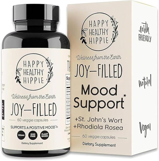 Joy-Filled Mood Support Supplement - 7 Herb Complex w/St. Johns Wort | Stress Relief – Helps Calm The Mind & Body | 100% Plant-Based Happy Pills, Ashwagandha, Rhodiola Rosea | Adaptogens, 60 Ct