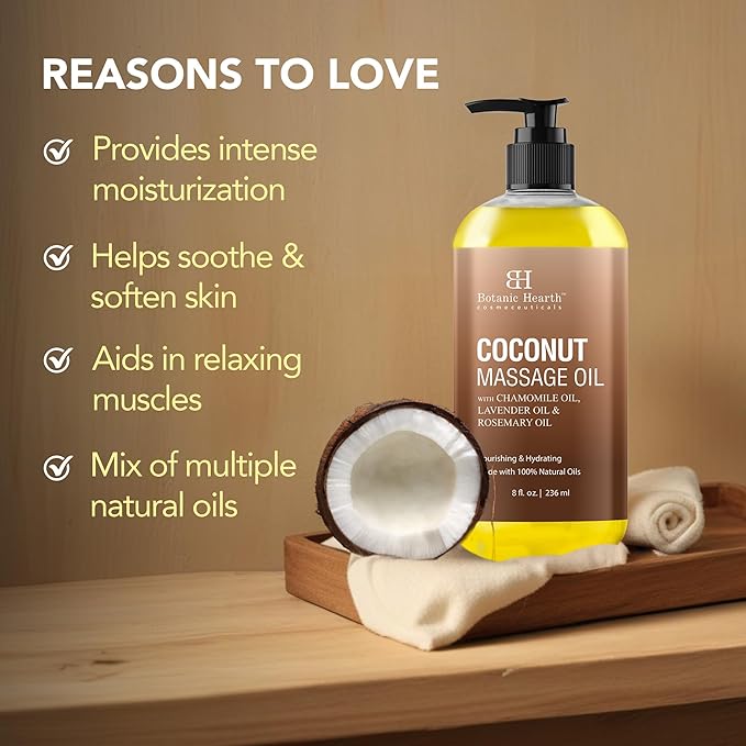 Botanic Hearth Coconut Massage Oil | Ultra|Glide Formula with Soothing Aroma |Made with Natural Oils | All Skin Types, Men & Women | 8 Fl Oz