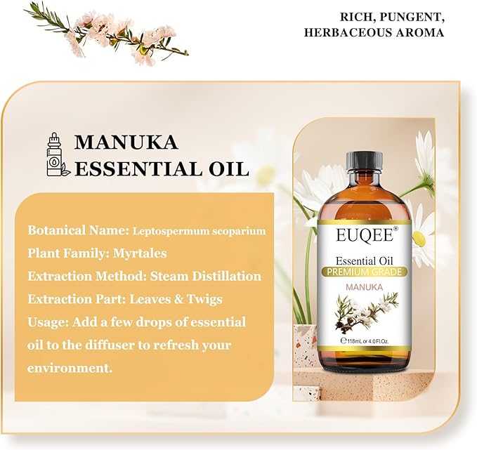 EUQEE Manuka Essential Oil 118ml Large Capacity Pure Manuka Oil with Glass Dropper for Skin, Diffuser, Aromatherapy, Cleaning, Soap Candle Making - 4Fl.Oz