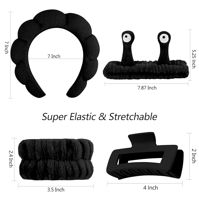 VELSCRUN Spa Headband, Makeup Face Wash Skincare Headbands, 5 Pcs Sponge Get Ready Snail Hairband Facial Wristband Hair Clip Set, Stuff for Teen Girls Women Trendy Hair Accessories Black