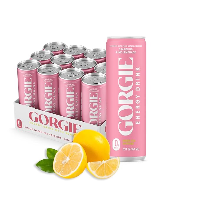 GORGIE Sugar-Free Natural Energy Drinks, Pink Lemonade (12 Pack) - Healthy Energy Drink - Natural Coffee Replacement with Green Tea Caffeine and Biotin, 150mg Caffeine, Vegan, Low Calorie