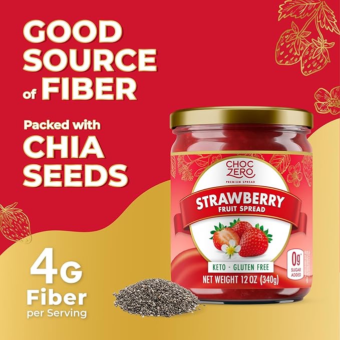 ChocZero Keto Strawberry Fruit Spread, No Sugar Added, Keto Friendly, All Natural, Gluten Free, Sweetened with Monk Fruit (1 jar, 12 oz)