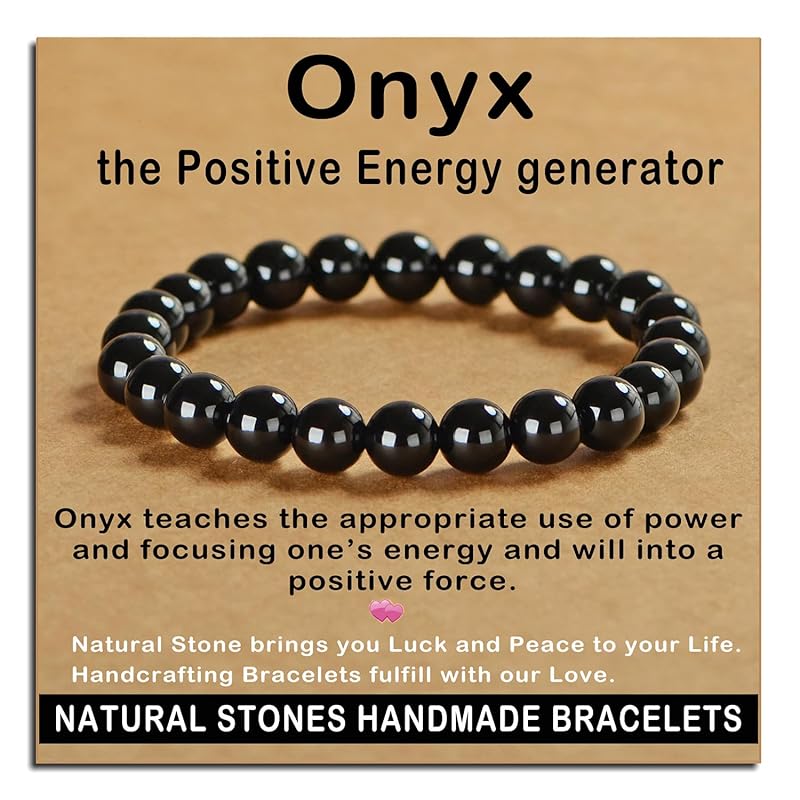 AD Beads Handmade Gemstone Stretch Elastic Bracelet Crystal Healing Reiki Nature's Beauty and Spiritual Essence Unisex (8mm, Black Onyx)