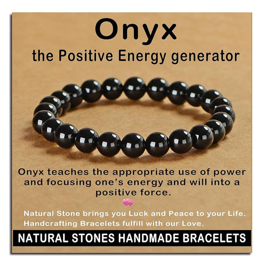 AD Beads Handmade Gemstone Stretch Elastic Bracelet Crystal Healing Reiki Nature's Beauty and Spiritual Essence Unisex (8mm, Black Onyx)