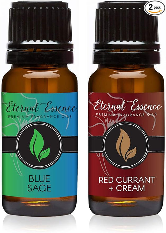 Eternal Essence Oils 2 Pack 10ml Premium Fragrance Oil - Blue Sage & Red Currant & Cream - for Candle, Soap Making, Aromatherapy, Diffusers, Home Care, & Humidifiers