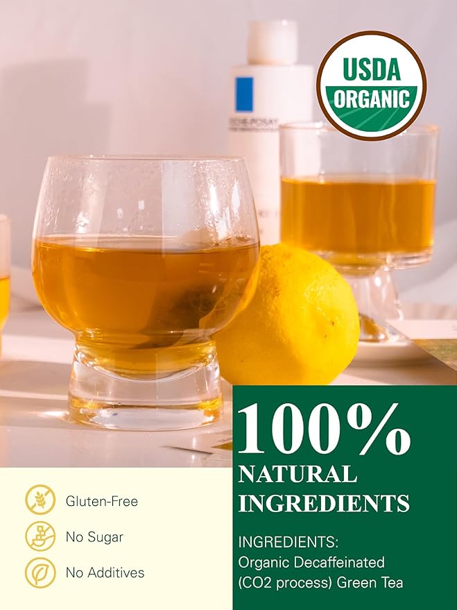 GLDNT Organic Decaf Green Tea Bags, Organic Green Tea Decaffeinated, Smooth Flavor, Super Antioxidant, Iced & Hot Tea, 100 Count