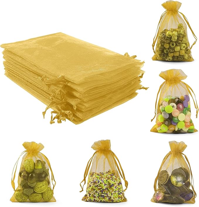 ANZNKU 50PCS Premium Gold Organza Bags 5x7 inches Mesh Bags Drawstring, Gift Bag Small Size, Organza Wedding Party Favor Bag, Mesh Pouches Drawstring