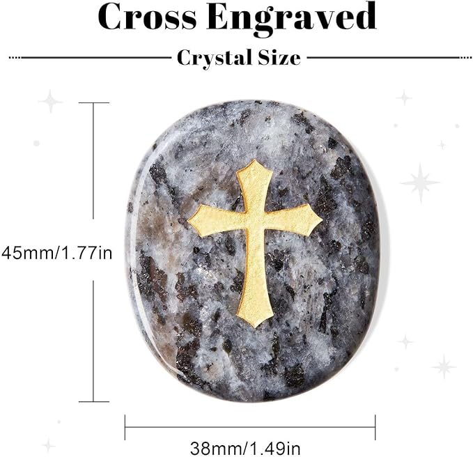 LAIDANLA Black Labradorite Cross Engraved Healing Crystal Worry Stones for Pray Faith Anxiety Relief Oval Palm Stone Polished Natural Crystal Gifts